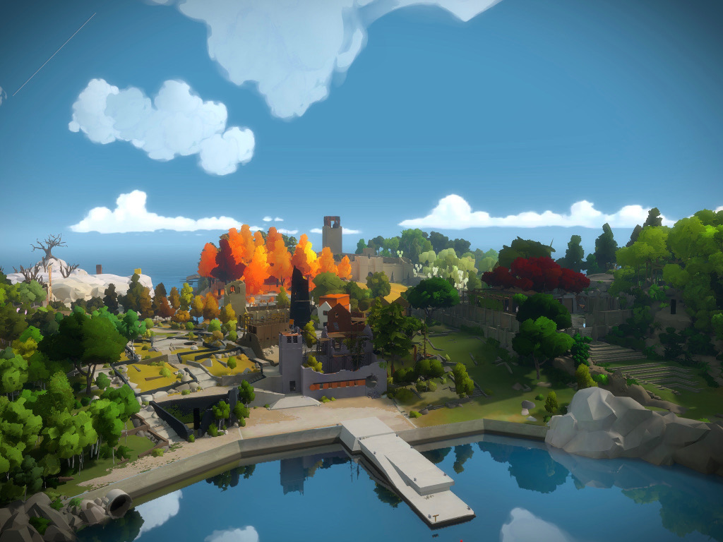 Capture d'écran de The Witness sur iPad Pro, montrant la majorité de l'île couverte d'arbres de diverses couleurs, un ciel bleu profond et une jetée vers un lac parfaitement calme
